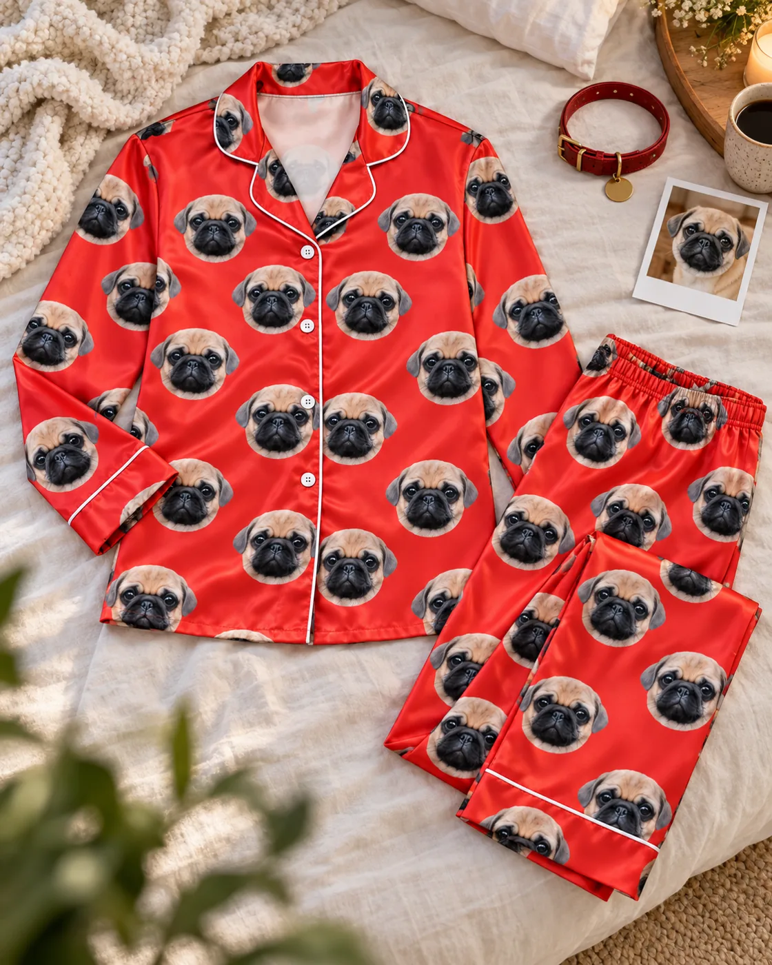 Red satin pajama set printed with a pug's face, laid flat beside a printed photo of the pug and its collar