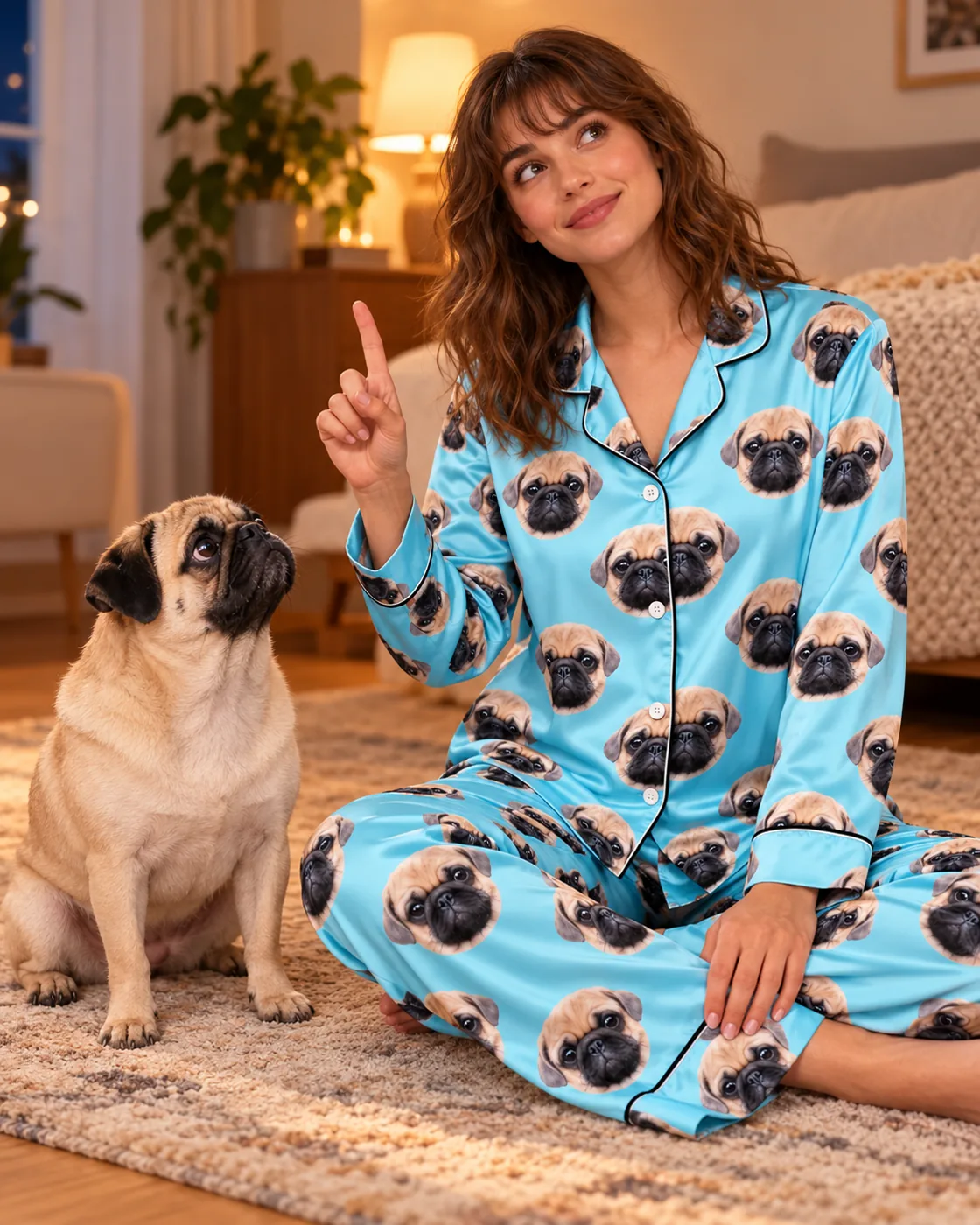 Pug looking up at a woman pointing overhead, she wears light blue satin pajamas printed with its face