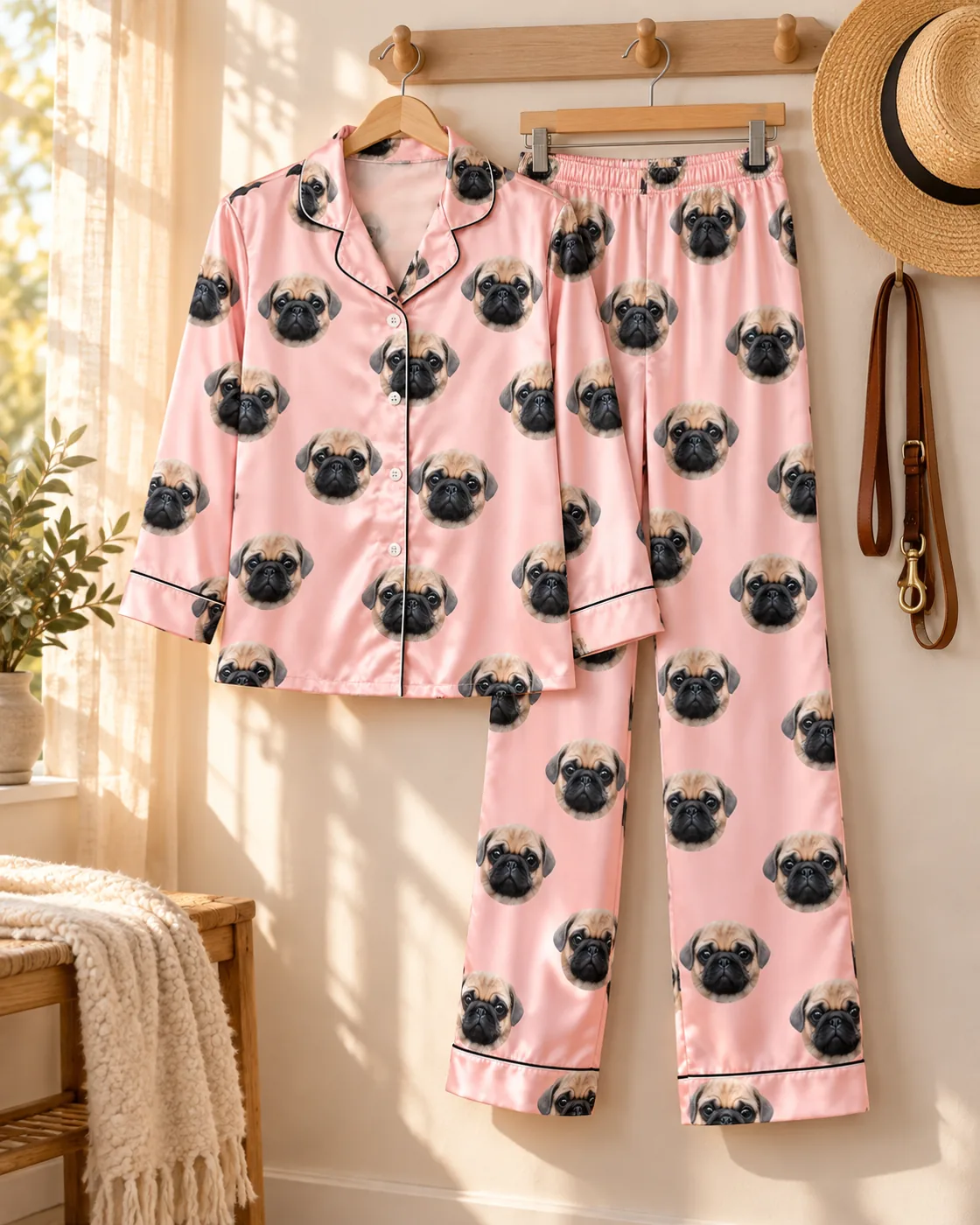Pink satin pajama set printed with a pug's face, hanging on a wall hook beside a leash