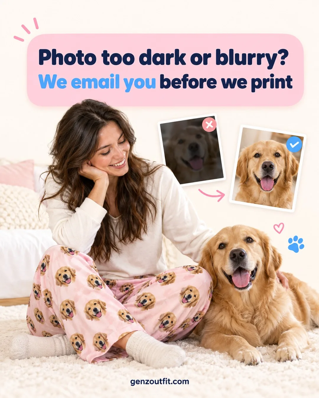 Photo check: a dark, blurry dog photo is flagged and a clear one approved before the pet face print