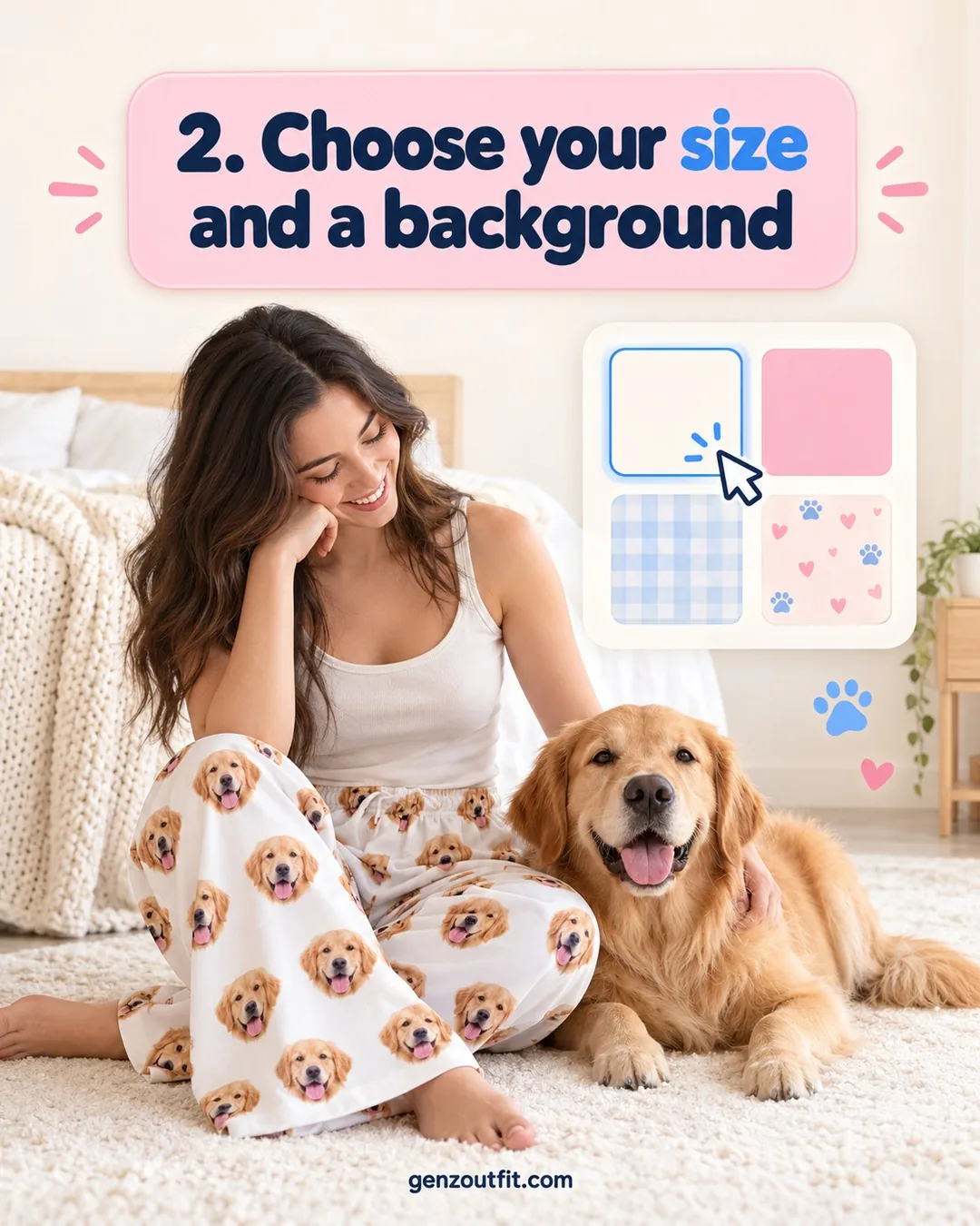Step 2: choose your size and a background color for the pet face print, white, pink, plaid or paw pattern