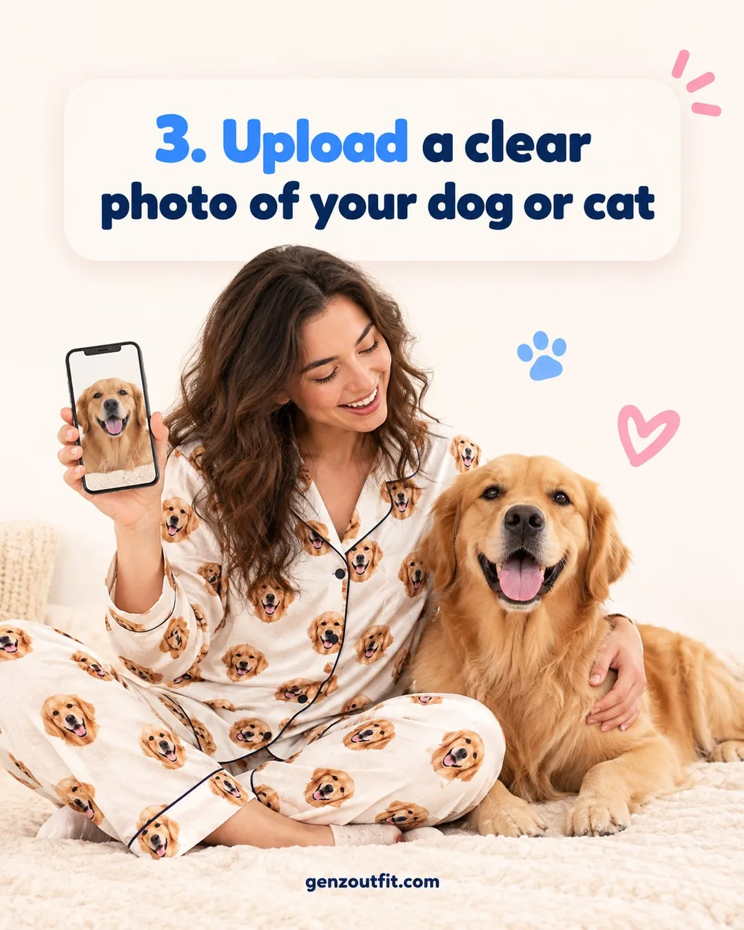 Step 3: woman holds up a clear phone photo of her golden retriever to upload for the pet face print