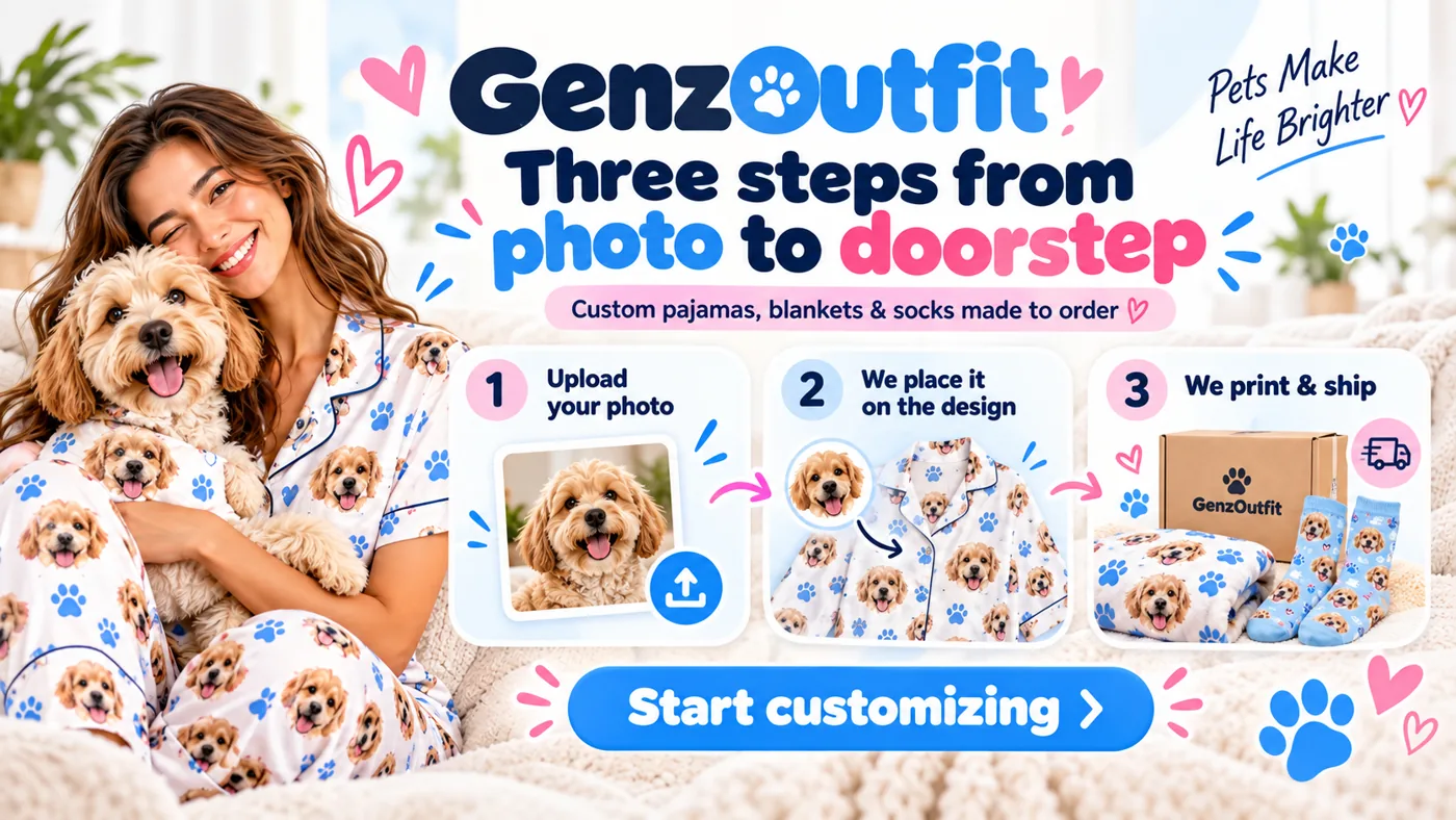 GenzOutfit banner of the three steps: upload your pet photo, we place it on the design, we print and ship