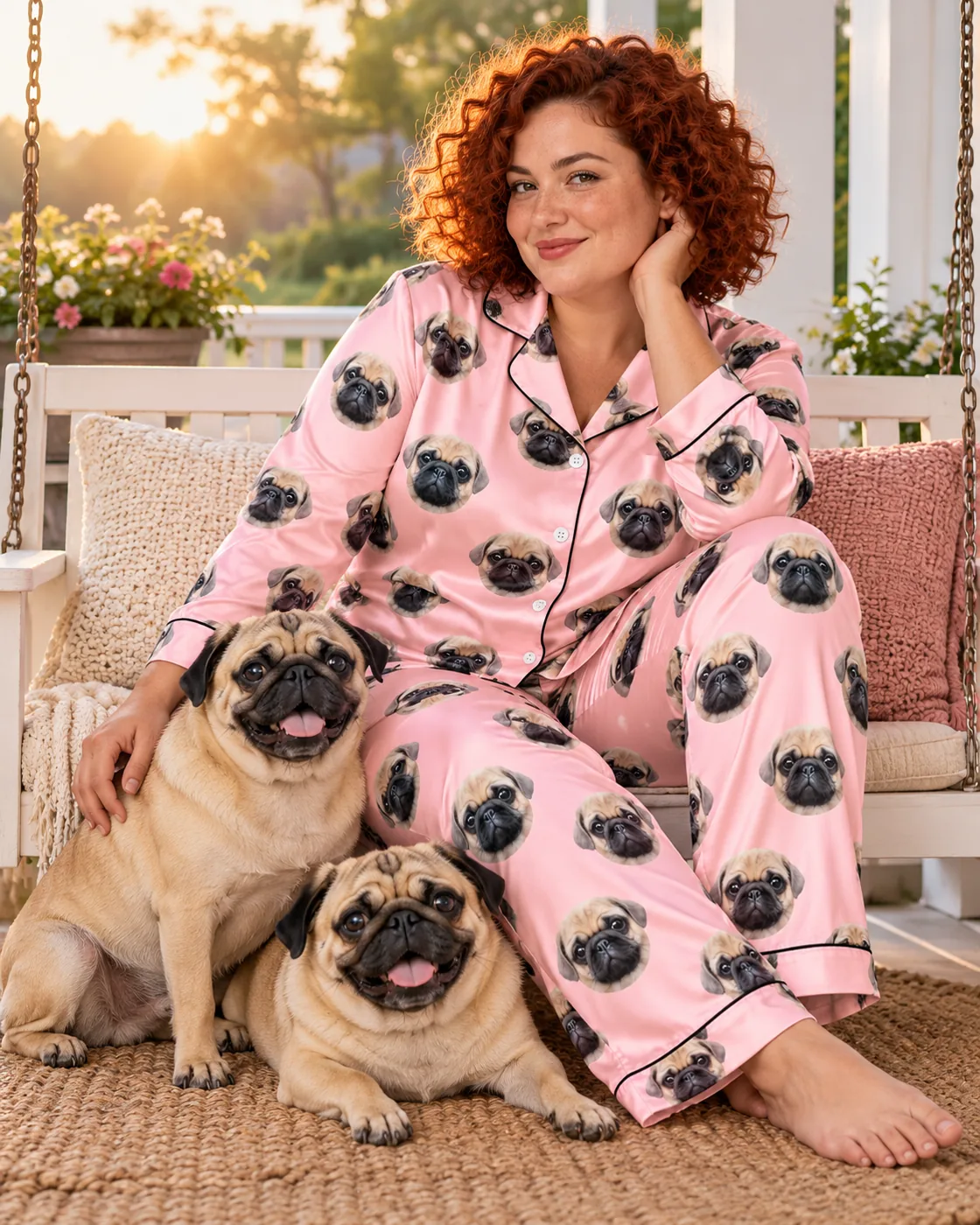 Woman in pink satin pajamas printed with a pug's face, sitting on a porch swing with her two pugs