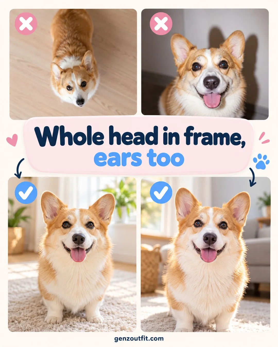 Pet face print photo check: corgi shot from above and cropped ears rejected, whole head in frame approved