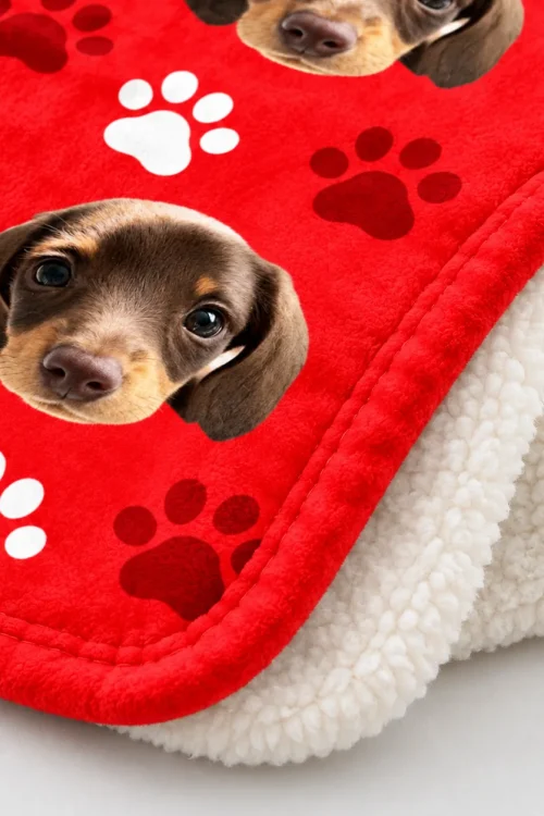 Close-up of the pet face sherpa blanket: printed dachshund face, red hem and sherpa back
