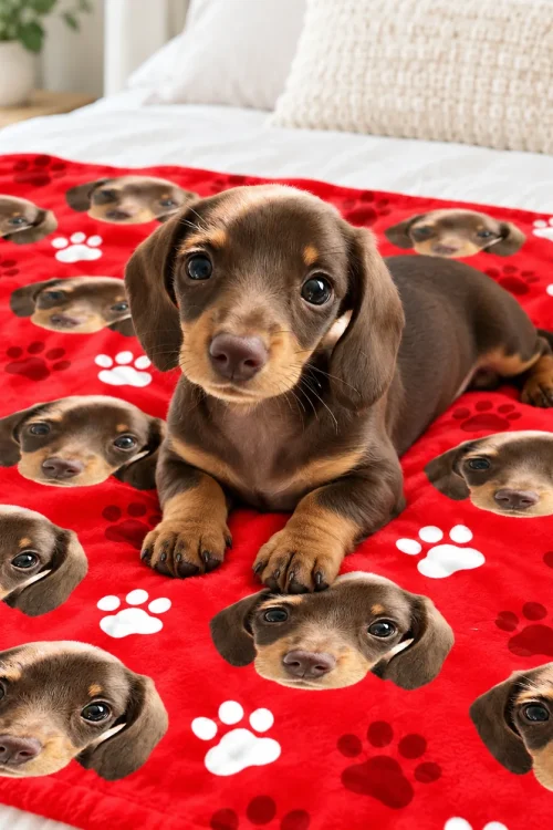 Dachshund puppy lying on its own pet face sherpa blanket