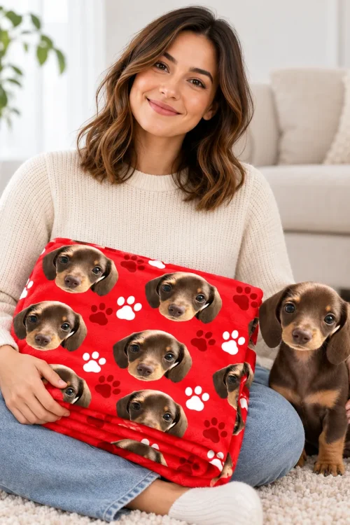 Pet face sherpa blanket folded as a gift, held next to the dachshund it shows