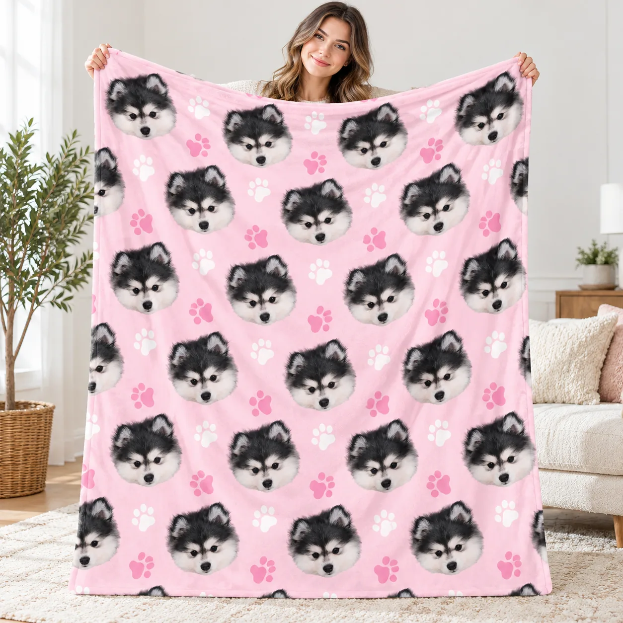 Woman holding up a pink minky blanket printed with a fluffy black and white dog's face to show its size