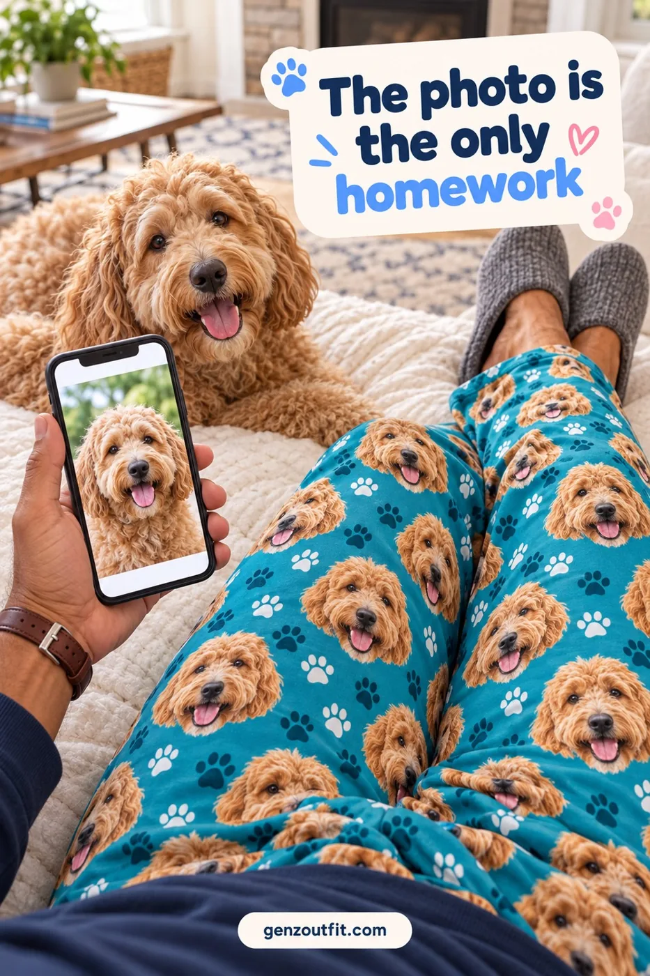 Phone photo of a goldendoodle beside teal pajama pants printed with its face, a pet photo guide gift idea