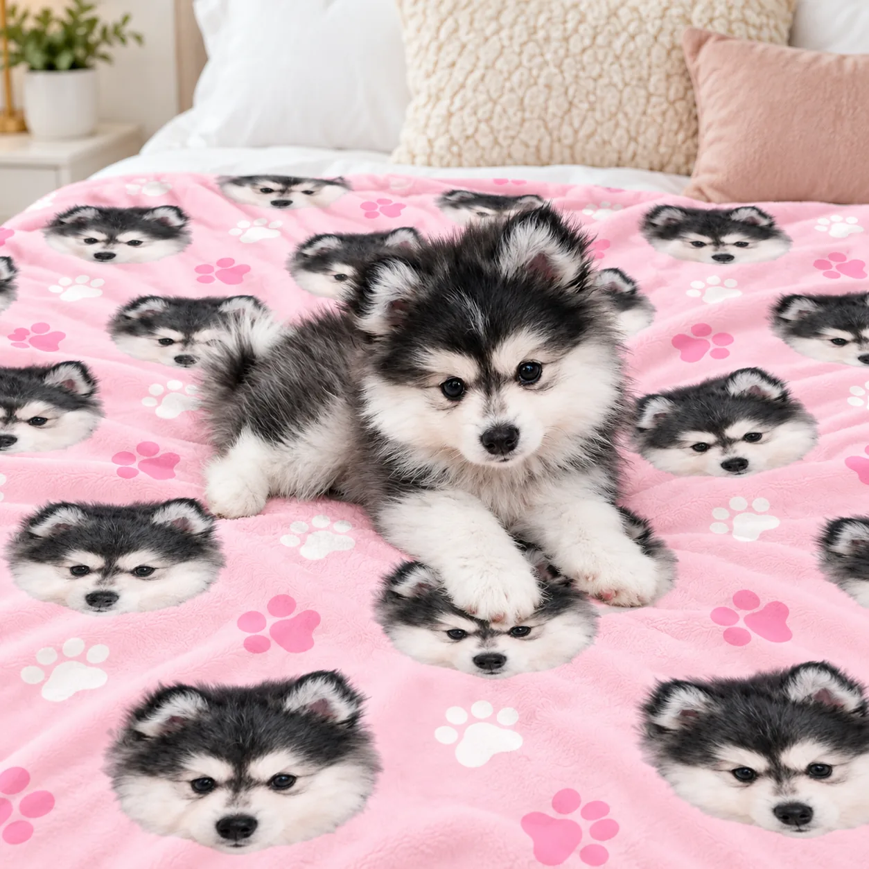 Husky puppy facing the camera in soft daylight on a pink blanket printed with its face, a clear pet photo