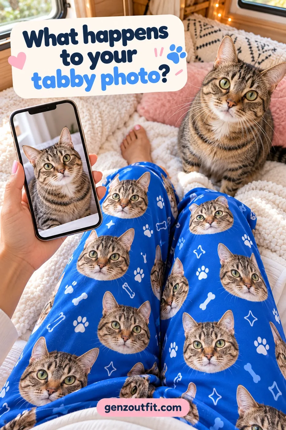 Phone photo of a tabby cat next to blue pajama pants printed with its face, a pet photo guide example