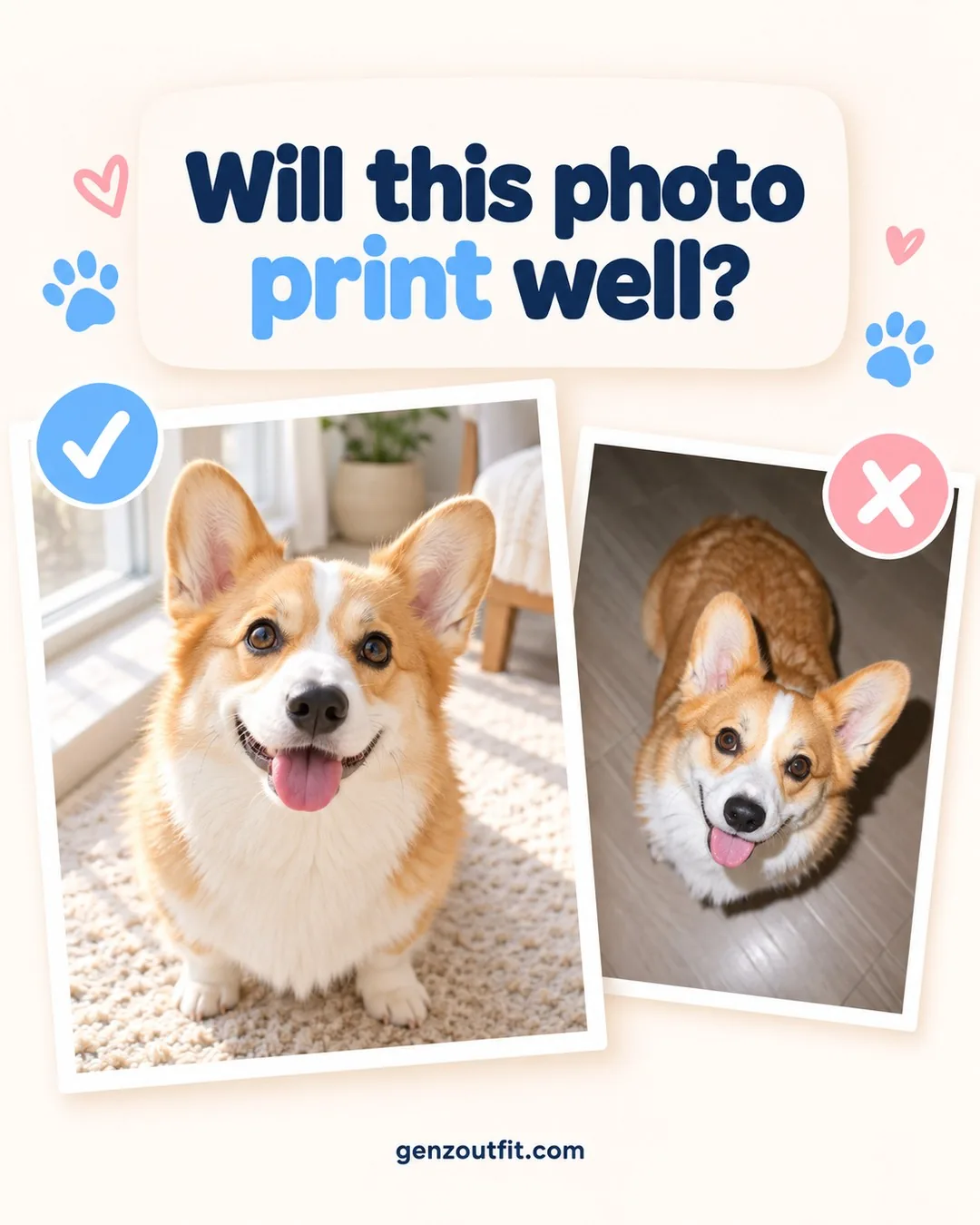 Pet photo guide check: a sharp corgi photo at eye level approved, a dark corgi photo from above rejected