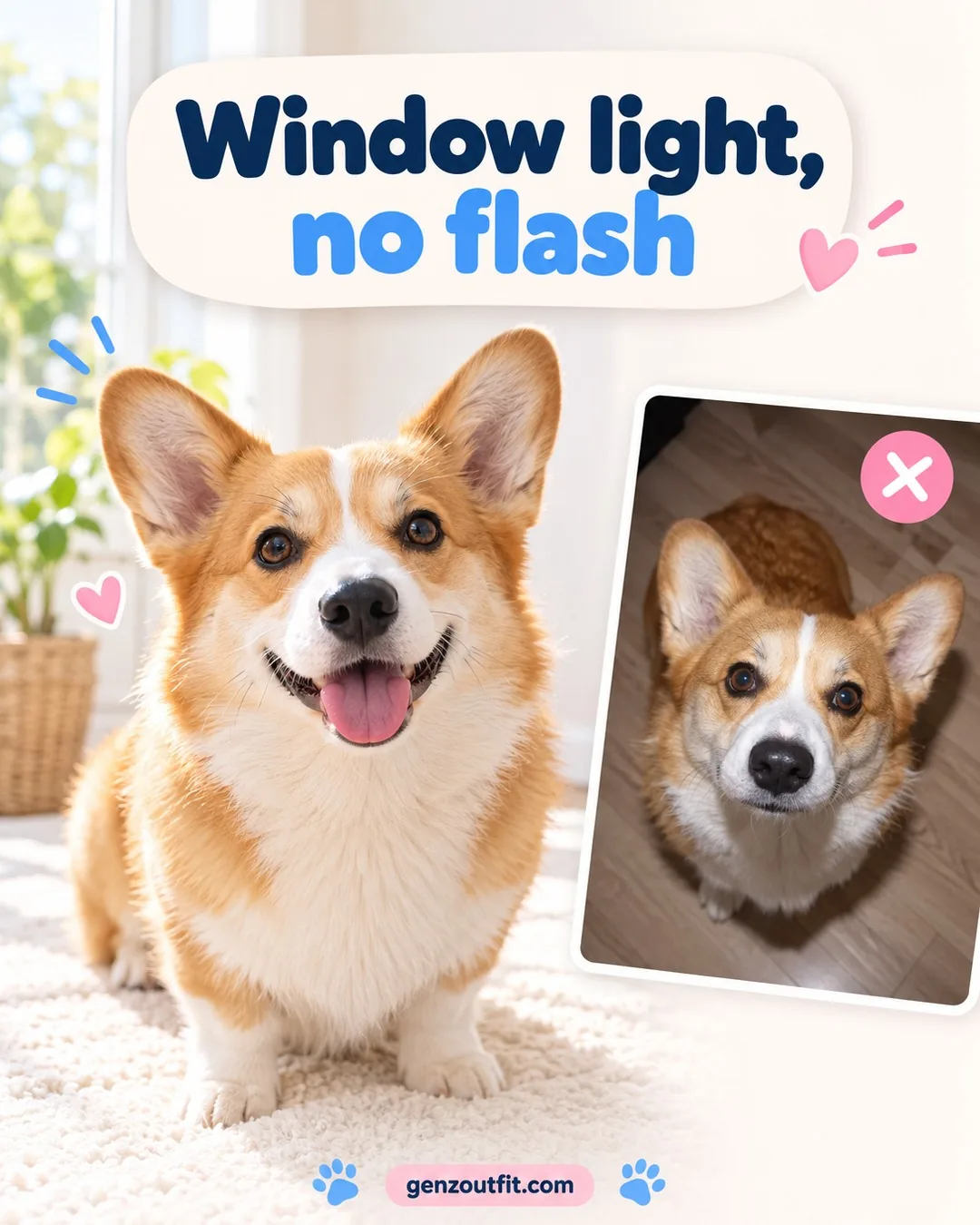 Pet photo guide tip: corgi in soft window light approved, the same corgi under a harsh flash rejected