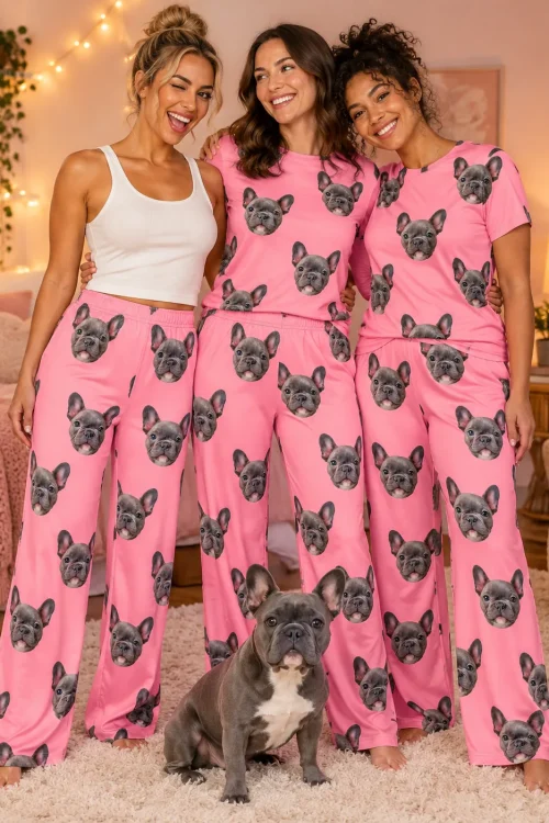 Three friends in pink pajama pants with French bulldog faces, their dog sitting on the rug in front