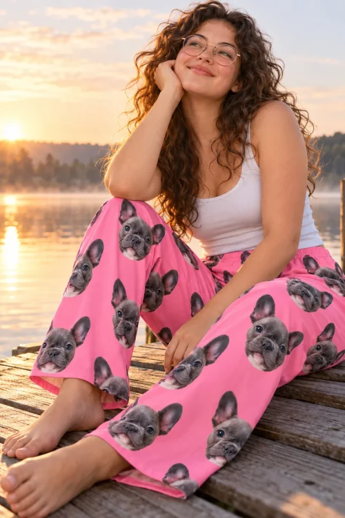 Woman with curly hair sitting on a lake dock at sunrise in pink pajama pants with French bulldog faces