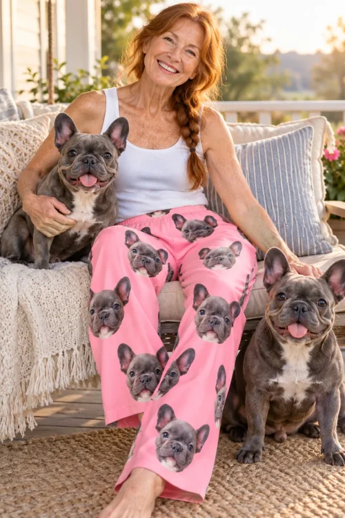Red-haired woman on a porch swing with two French bulldogs, wearing pink pajama pants with their faces