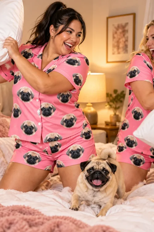 Two women laughing mid pillow fight in pink pajama sets with pug faces as their pug watches on the bed