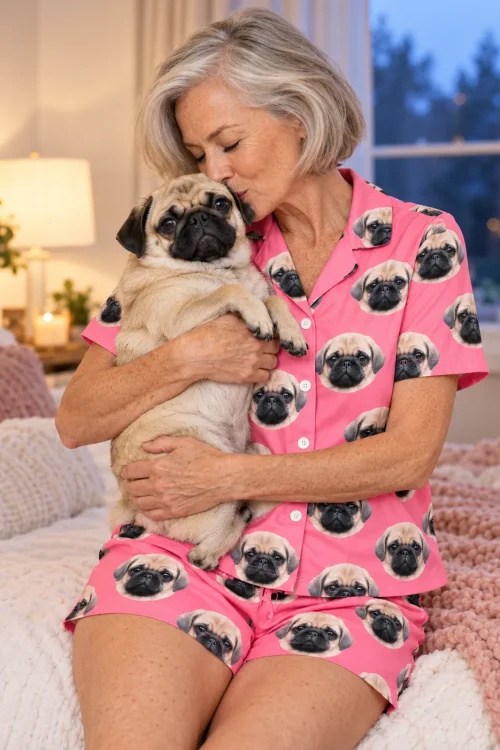 Silver-haired woman in a pink pajama set hugging and kissing her pug on a cozy bed at dusk