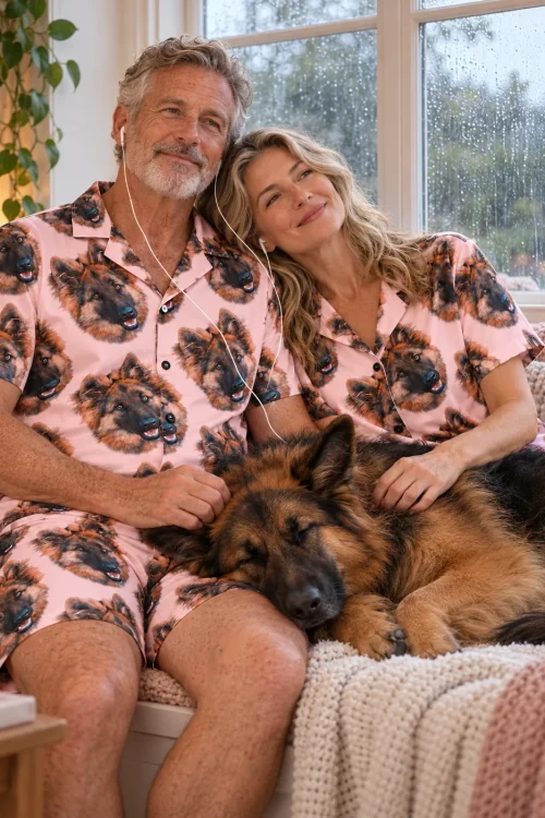 Couple sharing earbuds on a window seat in pale pink pajamas, a German shepherd asleep on their laps