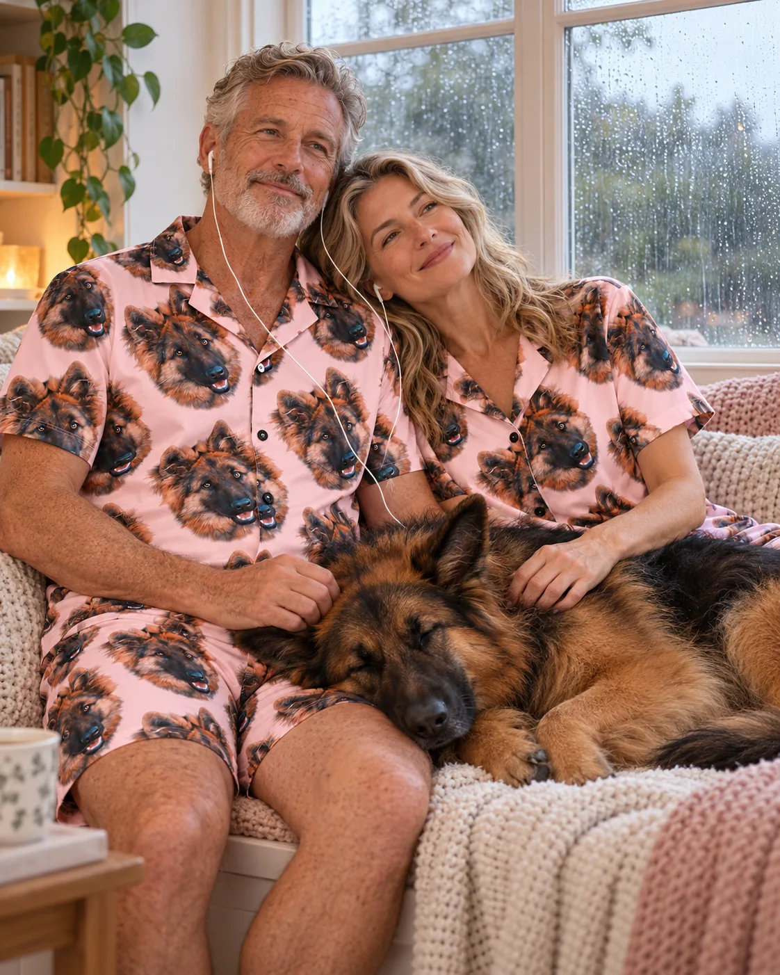 Couple sharing earbuds on a window seat in pale pink pajamas, a German shepherd asleep on their laps