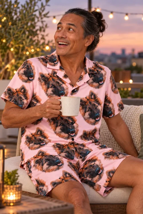 Man with a mug on a string-lit rooftop at dusk in blush pink pajamas with German shepherd faces