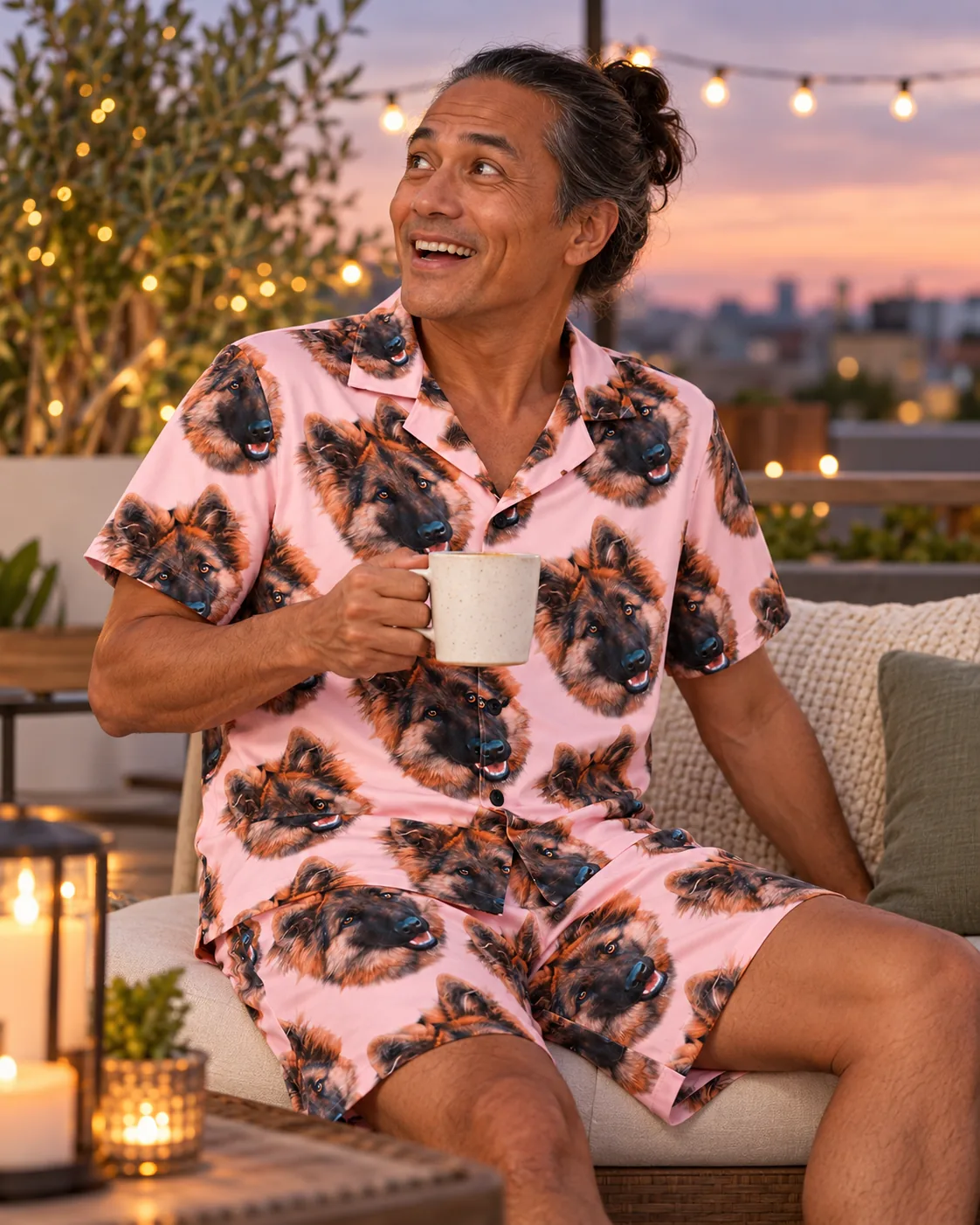 Man with a mug on a string-lit rooftop at dusk in blush pink pajamas with German shepherd faces
