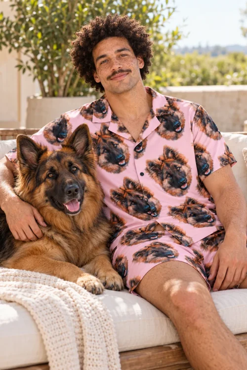 Man on a sunny patio sofa with his German shepherd, wearing light pink pajamas with its face