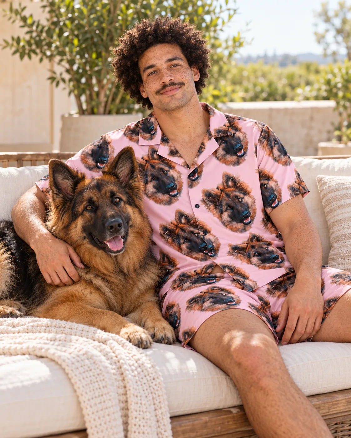 Man on a sunny patio sofa with his German shepherd, wearing light pink pajamas with its face