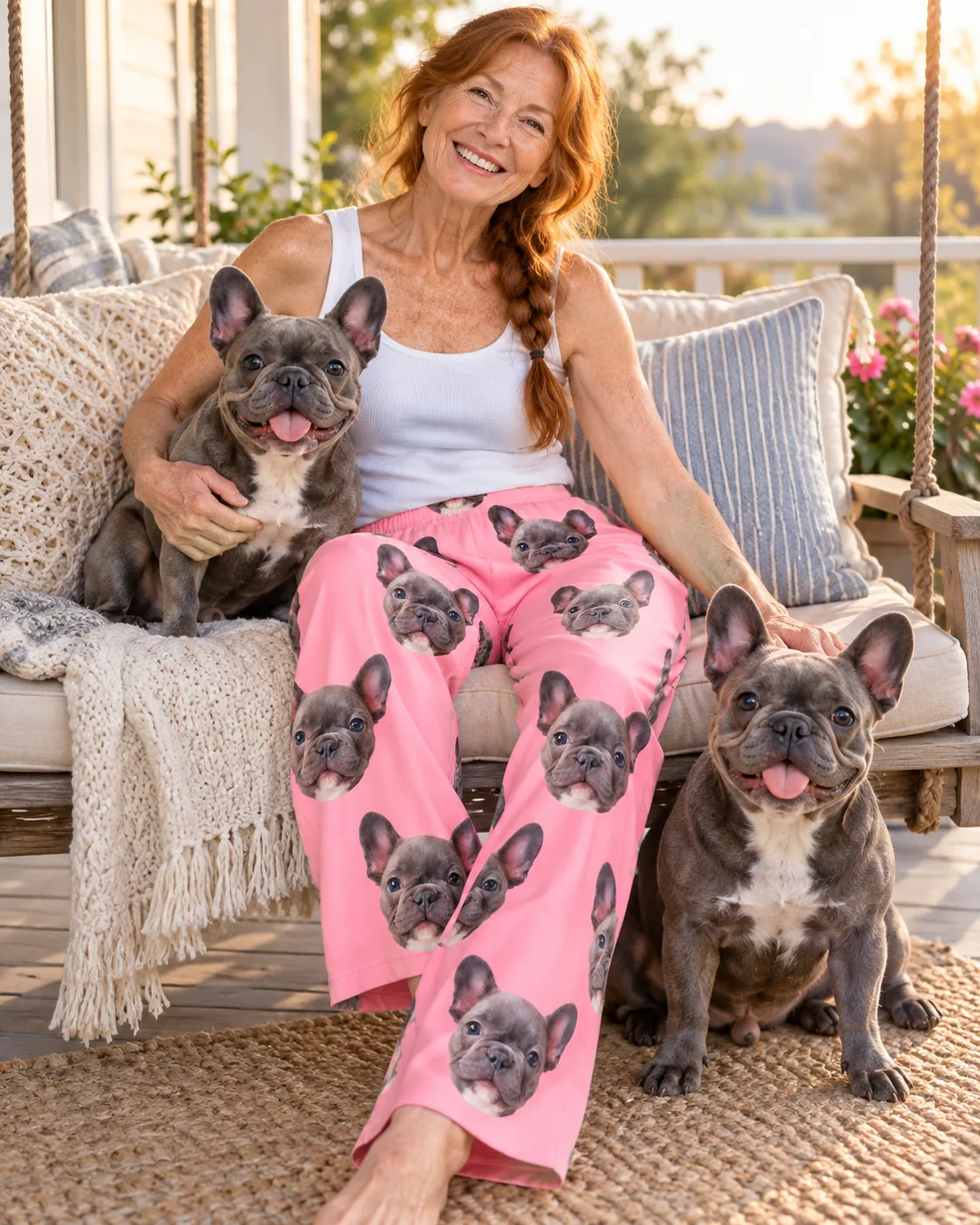 Pink pajamas: woman on a porch swing in pink pajama pants with French bulldog faces and her two French bulldogs