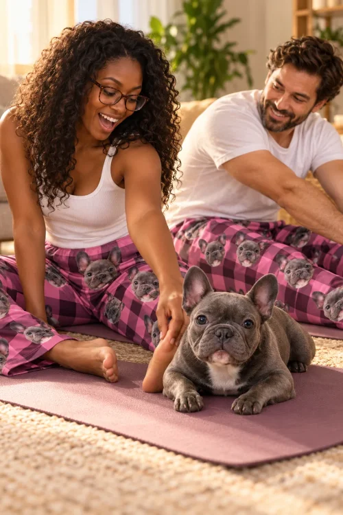 Couple stretching on a yoga mat in pink plaid pajama pants with a French bulldog lying between them