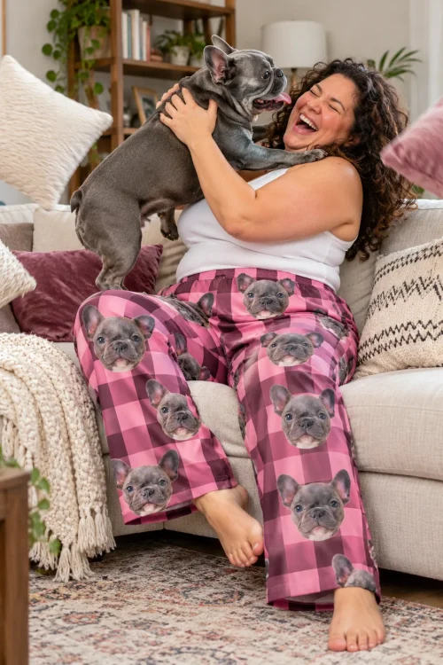 Laughing woman on a sofa as a French bulldog jumps up to kiss her, in pink plaid pajama pants