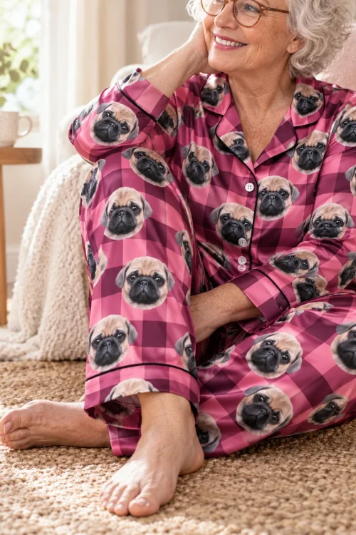 Woman in glasses sitting on a jute rug in a pink plaid pajama set with pug faces