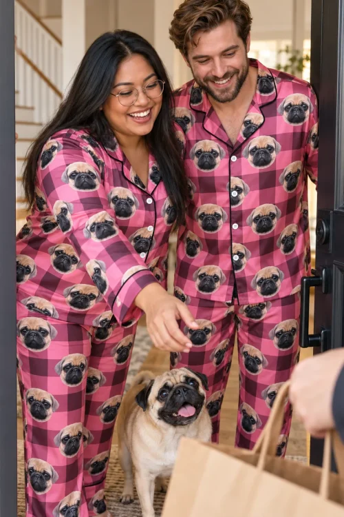 Couple in pink plaid pajama sets greeting a delivery at the front door with their pug
