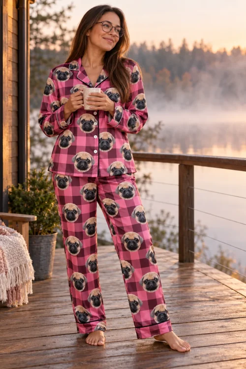 Woman holding a mug on a misty lakeside cabin deck at sunrise in a pink plaid pajama set
