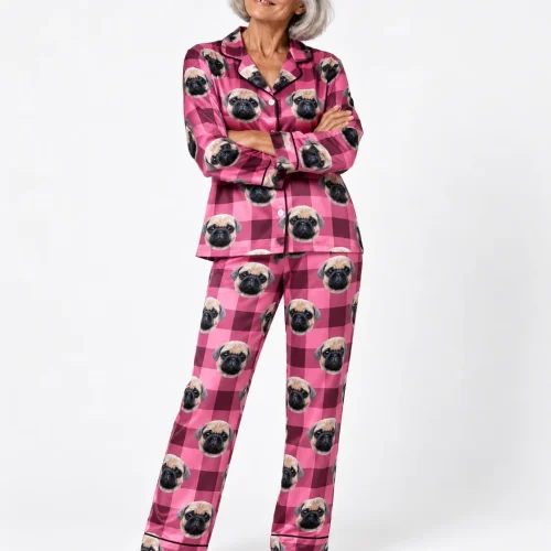 Pink Plaid Satin Pajama Set with Your Pet's Face