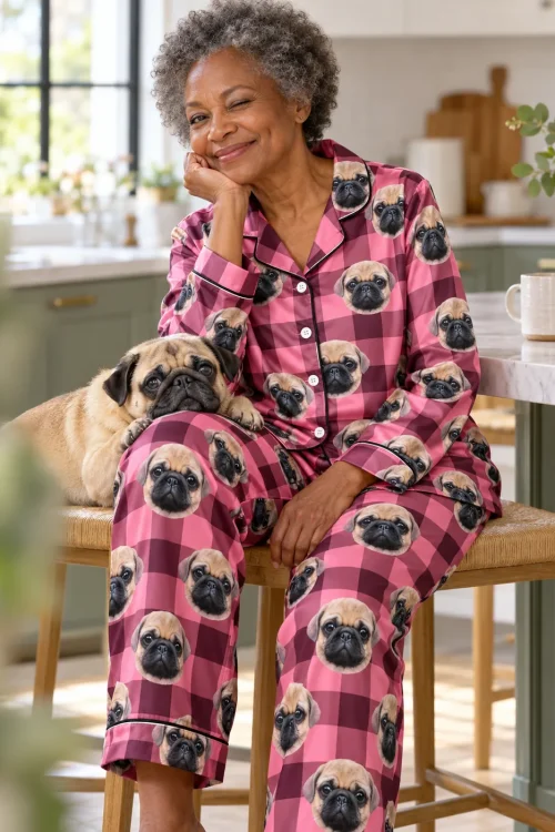 Older woman winking on a kitchen stool in a pink plaid pajama set, her pug leaning on her lap