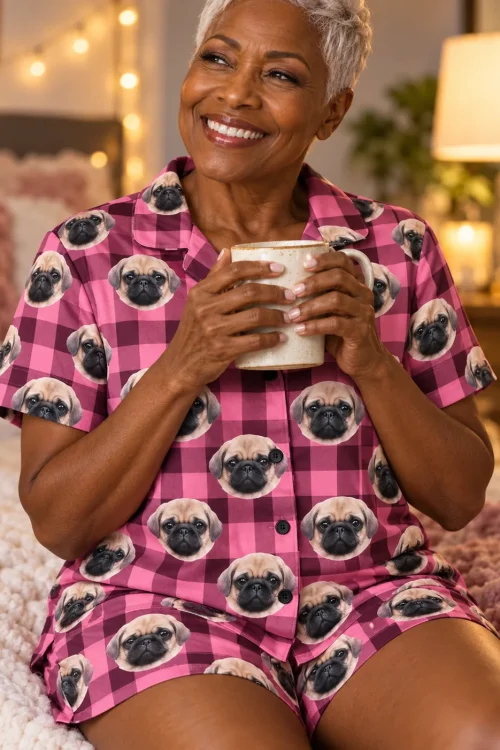 Smiling woman with silver hair holding a mug in pink plaid pajama shorts and shirt with pug faces