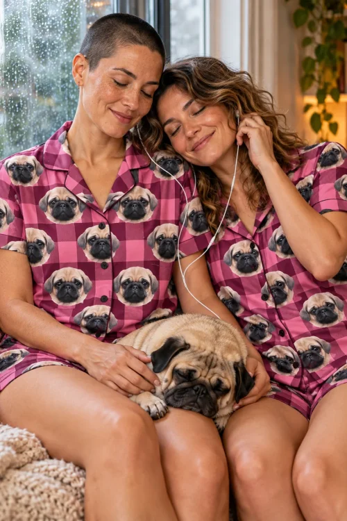 Two women sharing earbuds on a couch in pink plaid pajama shorts sets while their pug naps