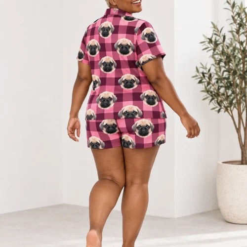 Pink Plaid Pajama Shorts Set with Your Pet's Face