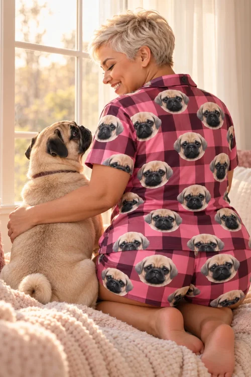 Woman in pink plaid pajama shorts and shirt kneeling on a window seat, hugging her pug