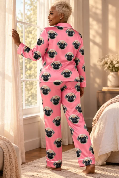 Back view of pink satin pajamas with pug faces as a woman opens the bedroom curtains