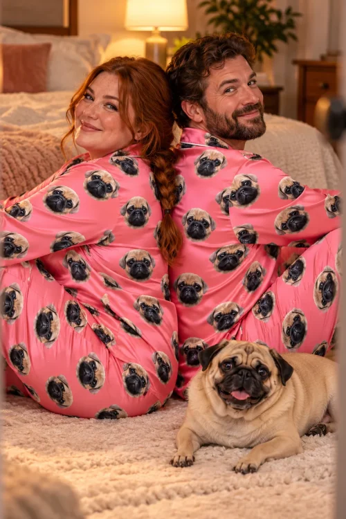 Couple sitting back to back in matching pink satin pajama sets with their pug on a bedroom rug