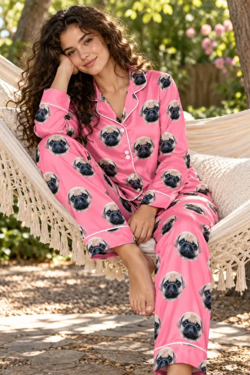 Woman with long curly hair relaxing in a garden hammock in pink satin pajamas with pug faces