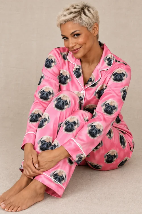 Woman with a platinum pixie cut sitting on the floor in pink satin pajamas printed with pug faces