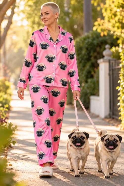 Woman in pink satin pajamas walking two pugs on pink leashes down a sunny tree-lined sidewalk