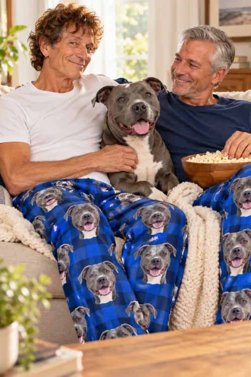 Two men sharing popcorn on a sofa with a smiling pit bull between them, in blue plaid pitbull pajamas