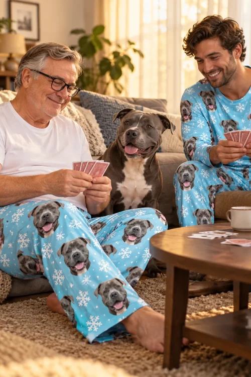 Two men playing cards on the rug with their pit bull, both in light blue snowflake pitbull pajamas