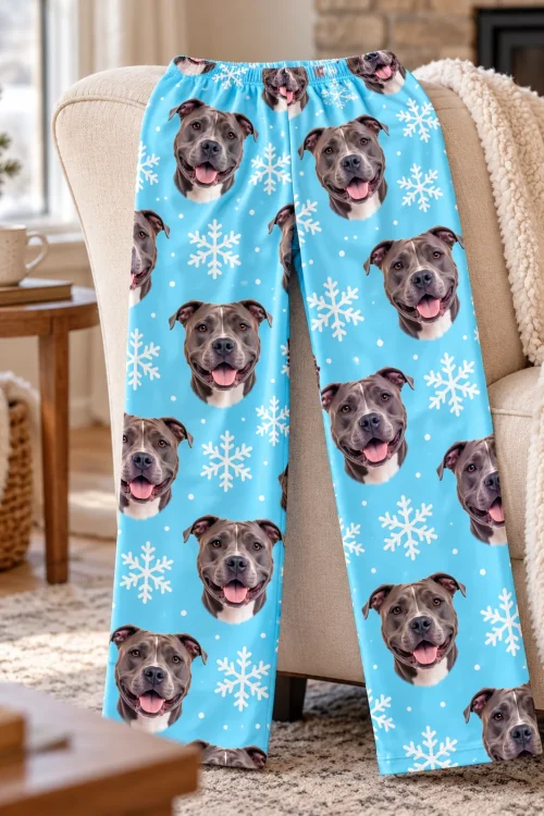 Light blue snowflake pitbull pajama pants draped over a cream armchair in a cozy living room
