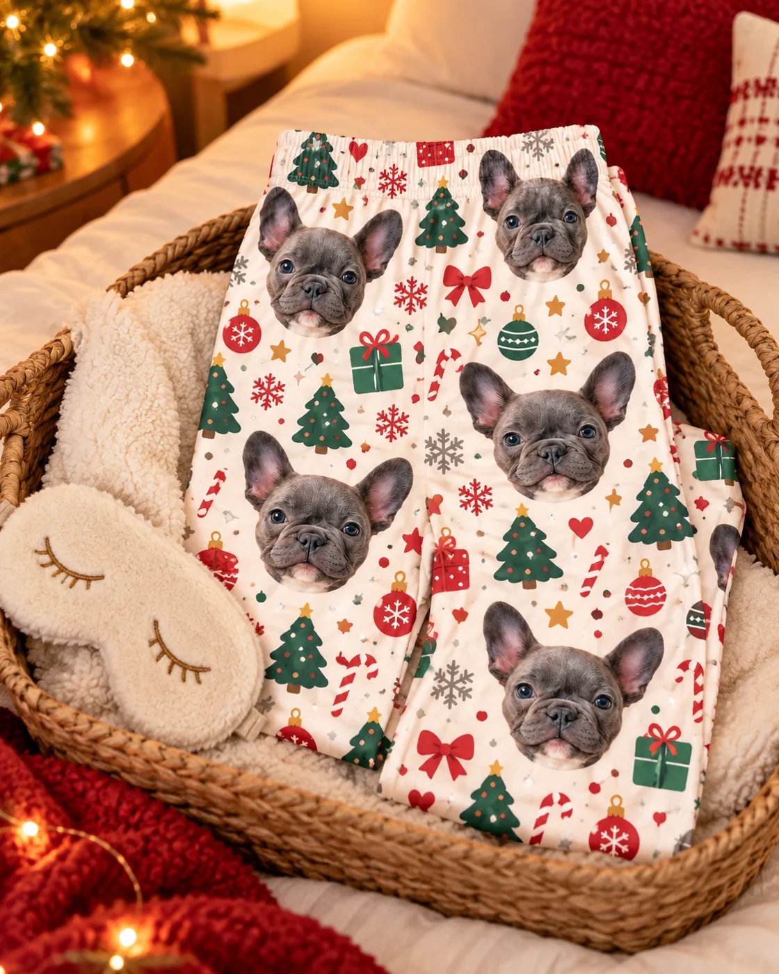 Folded cream Christmas pajamas with dog faces in a basket beside a sleep mask